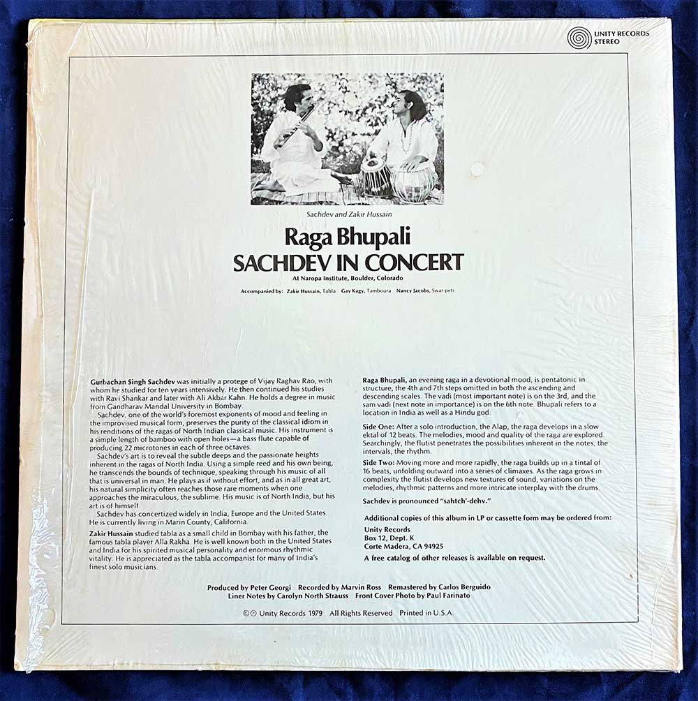 Raga Bhupali - Sachdev In Concert, Sachdev, Zakir Hussain, Unity Records 600, 1979, US, LP, RE, Folk, World, Indian Classical, Flute, Tabla - Image 2