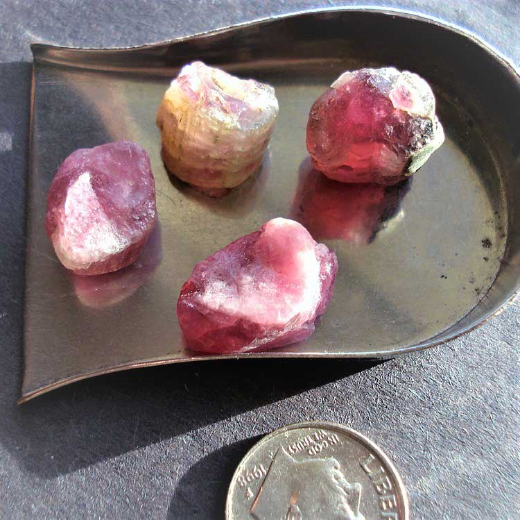 Tourmaline Crystals, 4 Pink Red Pieces, Afghanistan 1980's 58cts, 13mm to 18mm long, Watermelon