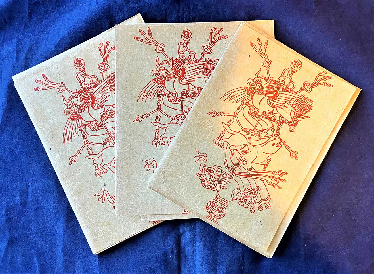 Vintage Tibetan Hand Made Paper Notecards w/ envelopes Block Prints Daphne Bark Cards Garuda
