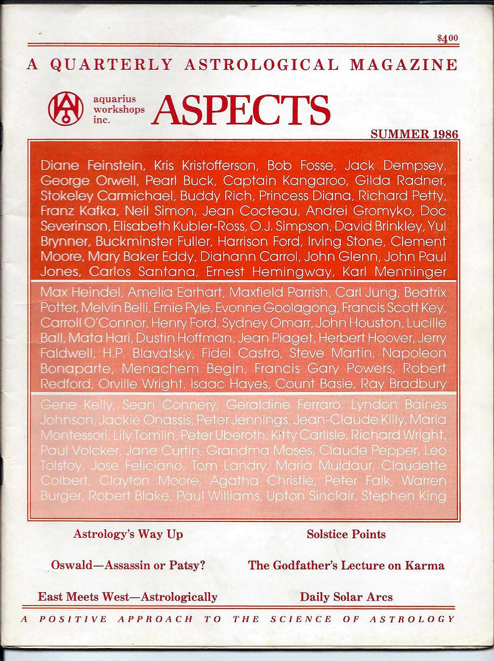 Aspects - A Quarterly Astrological Magazine, Vol. 11, No. III, Summer 1986; Collectible Astrology Journal Occult Esoteric Horoscope New Age