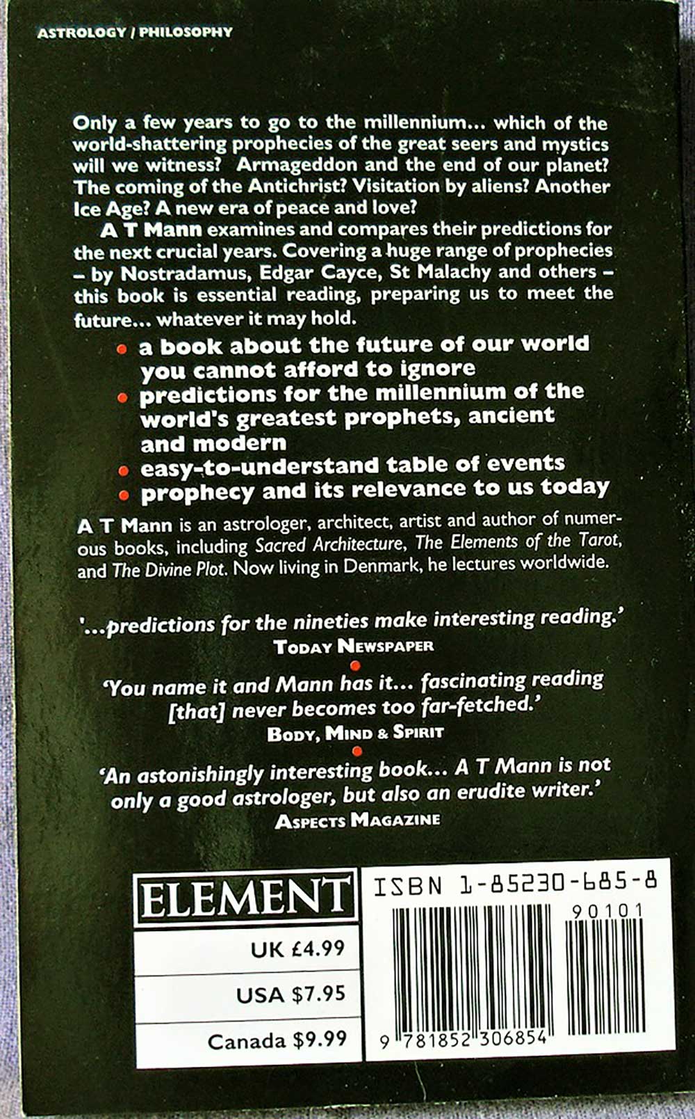 Millennium Prophecies - Predictions for the year 2000; A.T.Mann; Element Books, 1995. Softcover Prophecy Esoteric Occult - Image 2