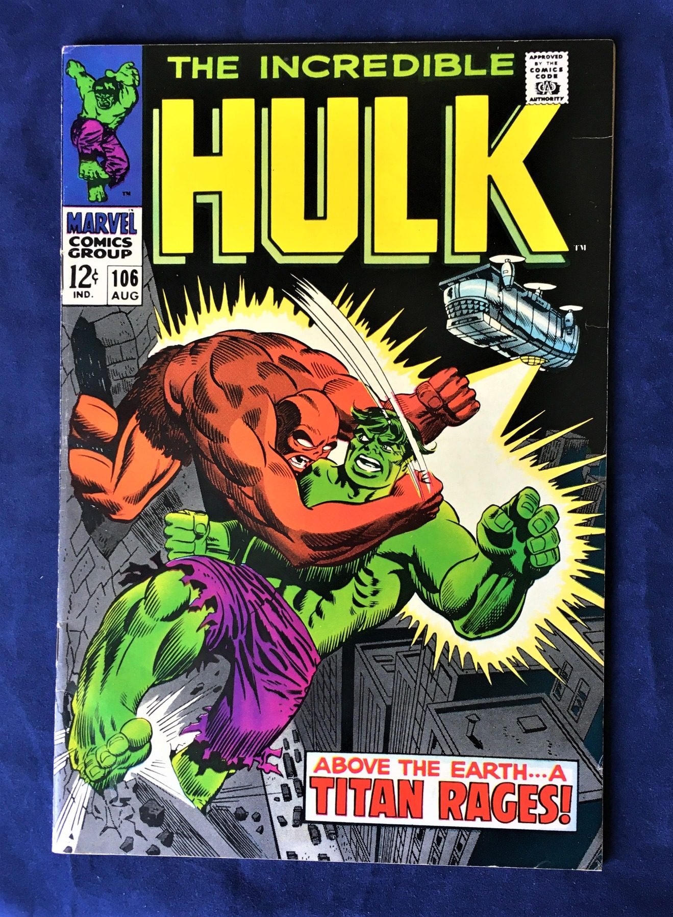 The Incredible Hulk #106 Marvel August, 1968 12 cents - Above the Earth—A Titan Rages! Silver Age Marvel Comic