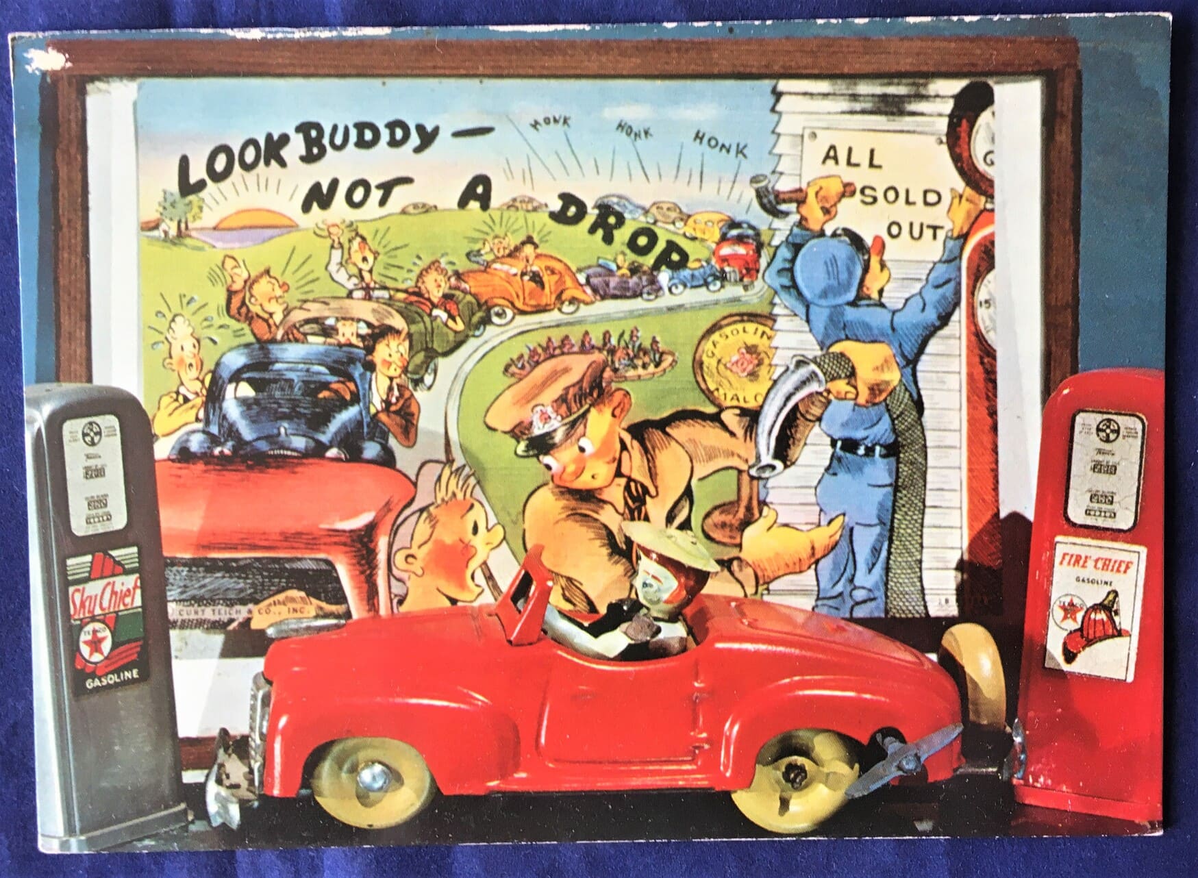 Notecard "Lady in Convertible Tin Wind-Up" by Ken Boto 1978 (opens to blank) Retro Graphic