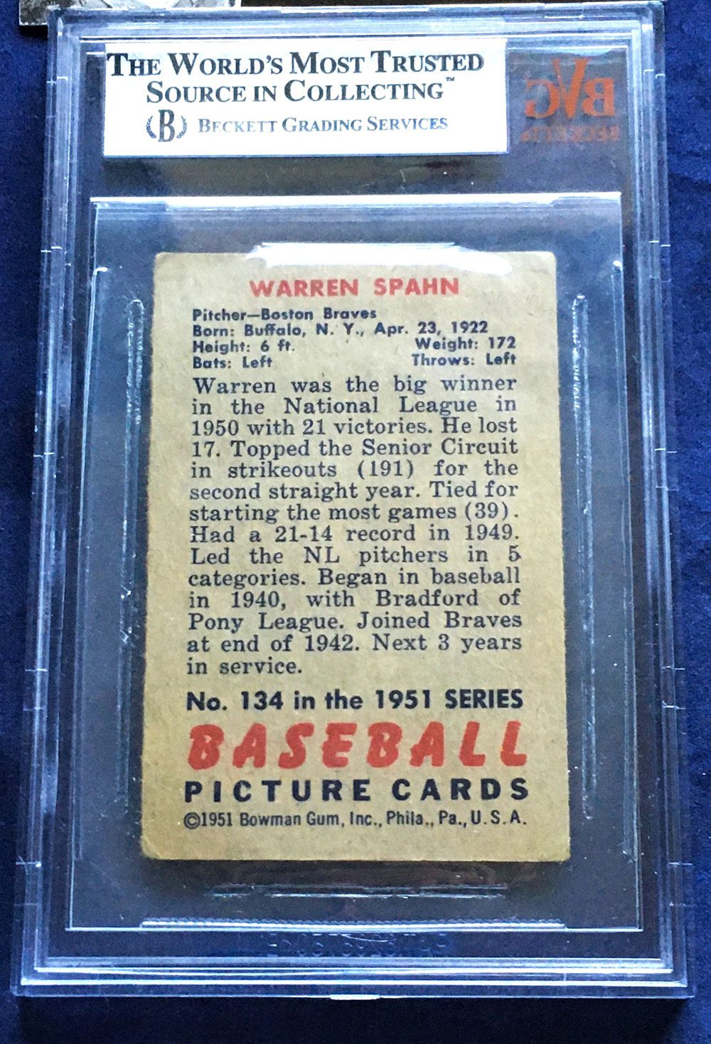 1951 Warren Spahn Bowman #134 Pitcher Boston Braves HOF BVG 3.5 VG+ (Very Good+) - Image 2